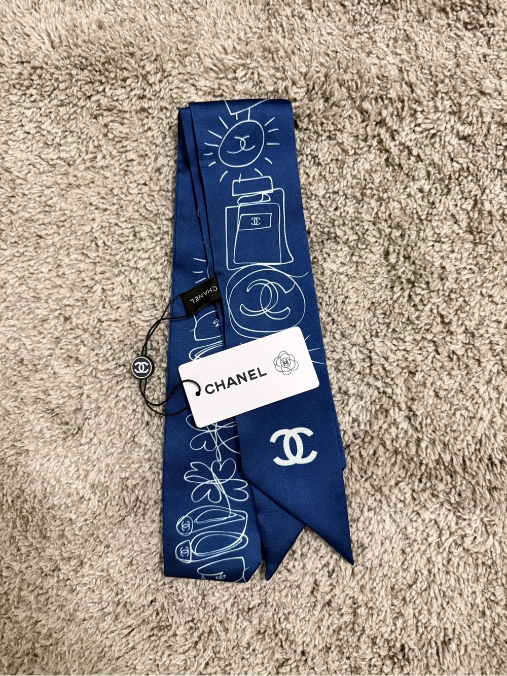 CHANEL Navy Blue Silk Twilly with White Logo & Sketch Print
